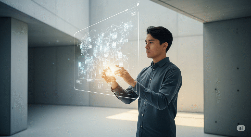An innovation architect interacting with a holographic blueprint of an ISO 56001 innovation operating system.