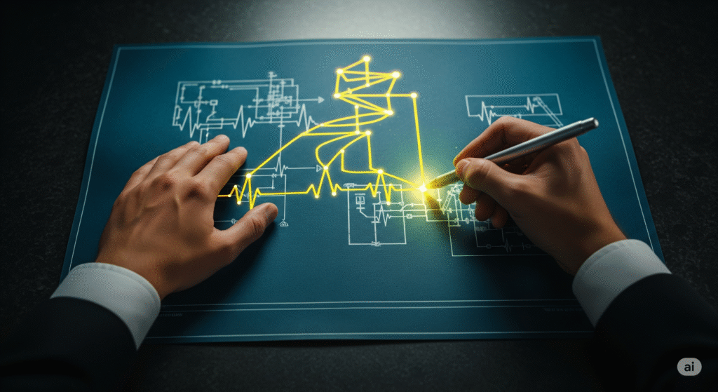 An executive architects a new innovation process, drawing a glowing yellow network that bypasses the rigid pathways of an old blueprint, symbolizing a strategic alternative to the Stage-Gate process