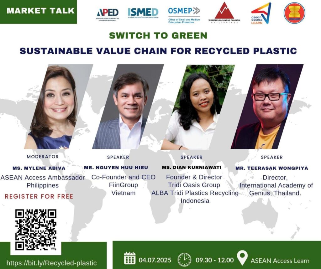 Market talk event promoting sustainable recycled plastic value chain. Speakers and moderator pictured.
