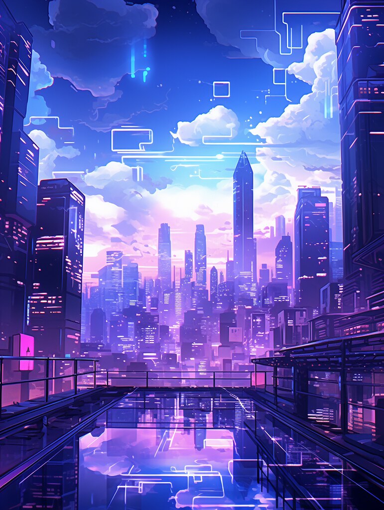 Futuristic city skyline reflected in rooftop pool at sunset. Cyberpunk aesthetic.
