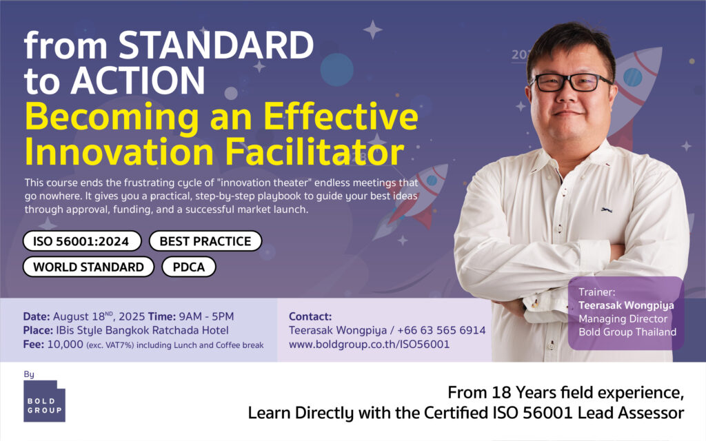 Man in white shirt, "Becoming an Effective Innovation Facilitator" course. ISO 56001 compliance
