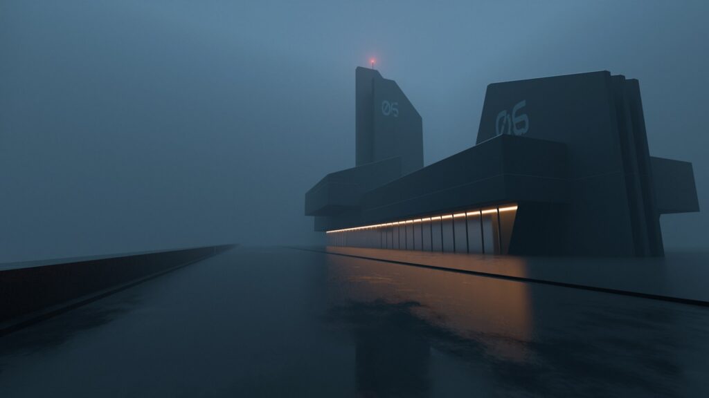 A computer generated image of a building on a foggy day