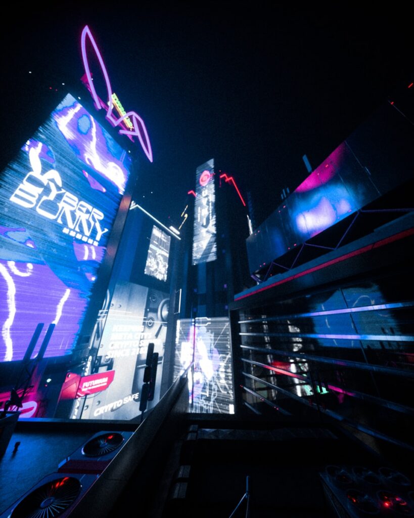 a city at night with neon signs and buildings